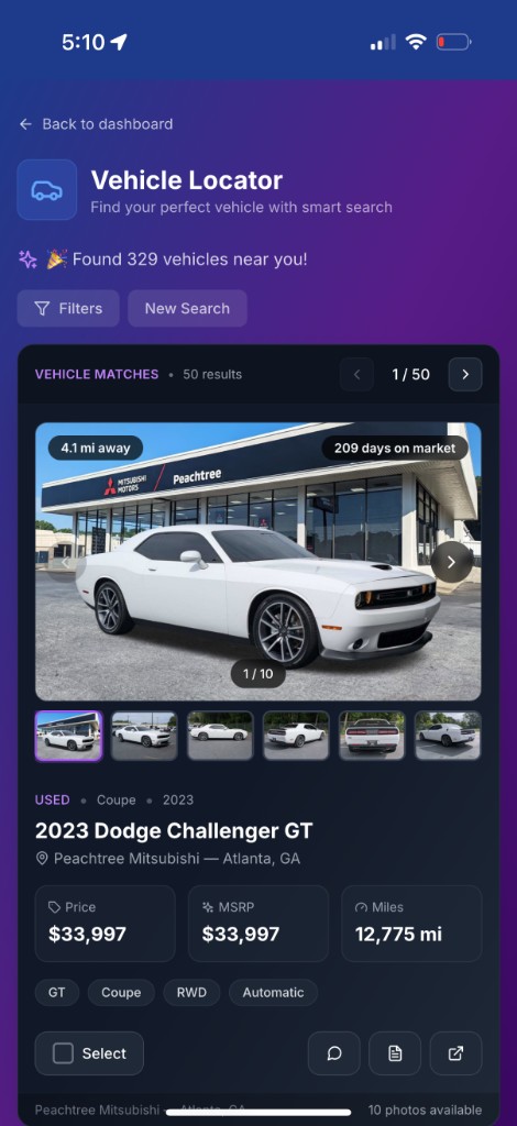 Shop Vehicles With Insights screen