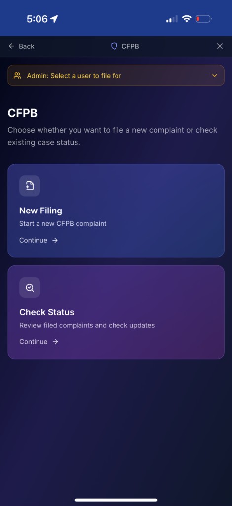 Automatic CFPB Filings screen
