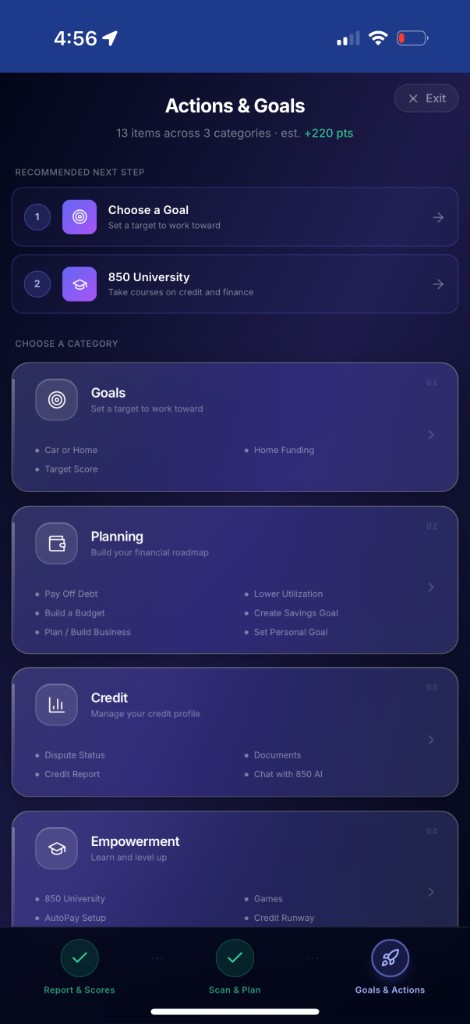 Plan Your Goals & Actions screen